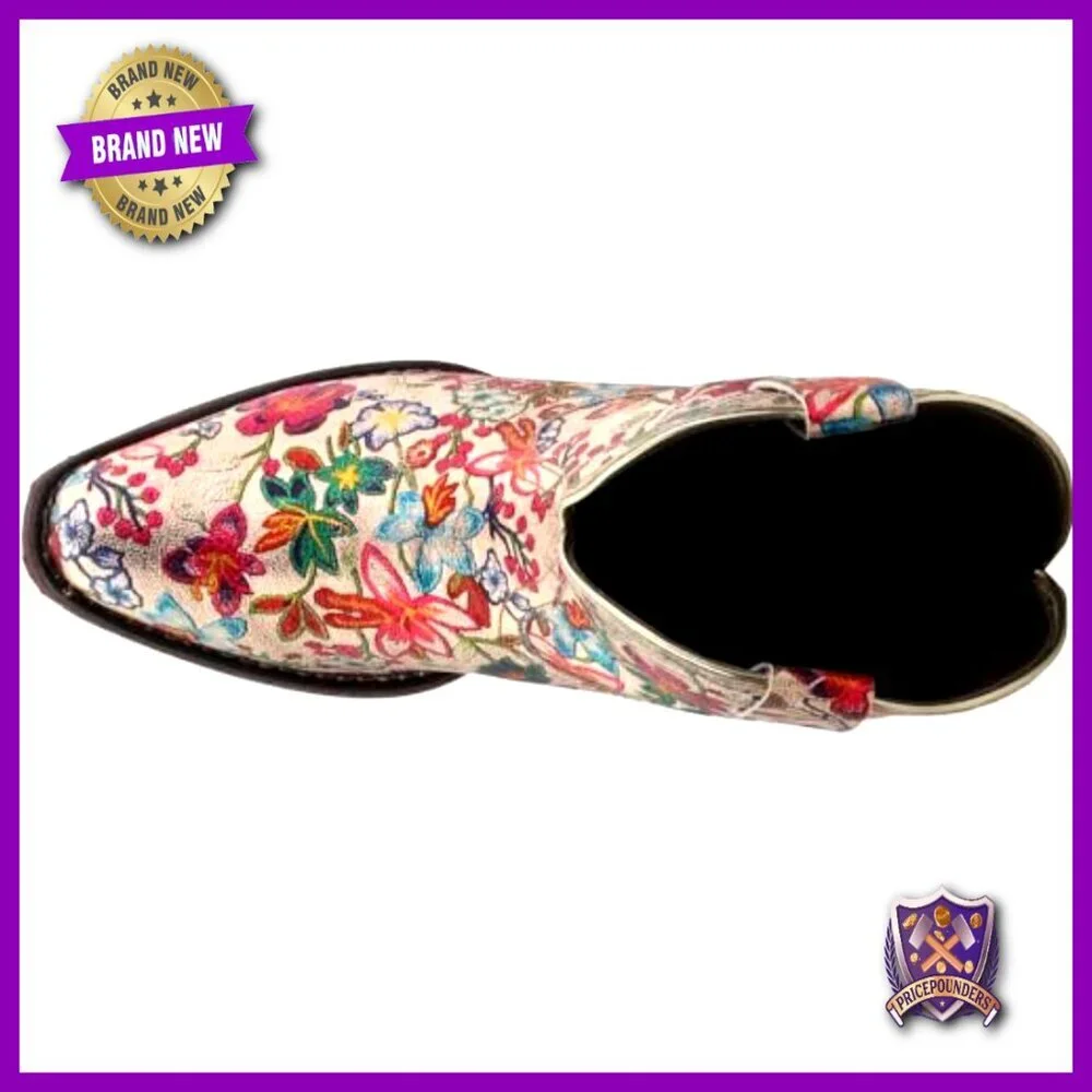 Floral Metallic Snip Toe Ankle Boots Low Heel Pull On Casual Chic Retro